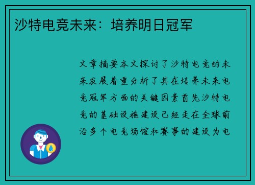 沙特电竞未来：培养明日冠军